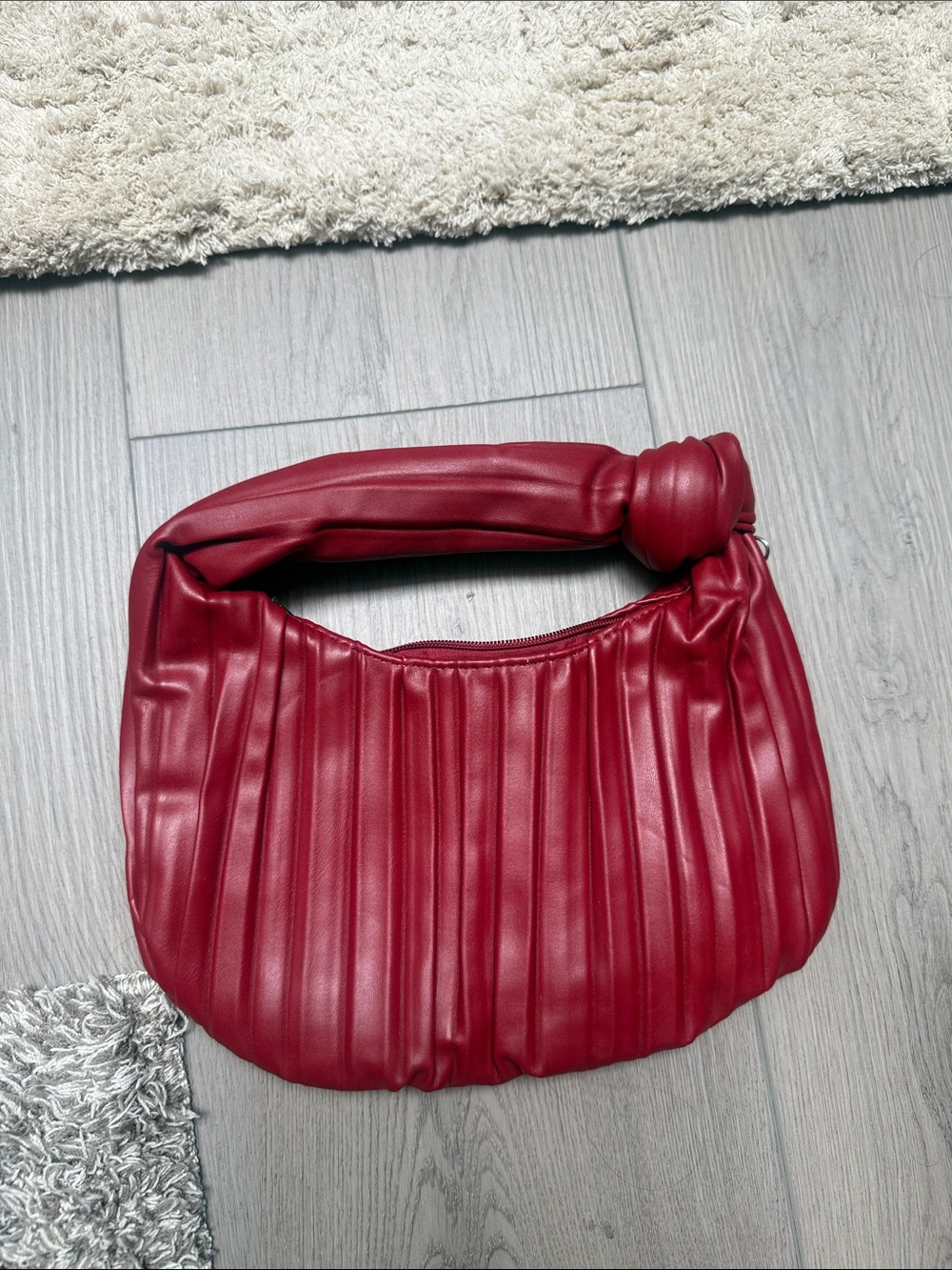 Red Pleated Shoulder Bag with Knotted Handle